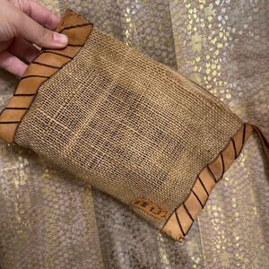 Dutzi Burlap And Leather Zip Boho Handmade Clutch Pouch 10" L X 6.25" W